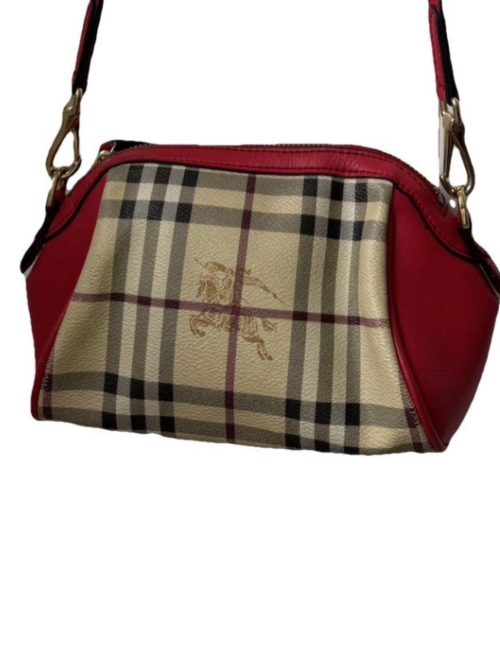 Burberry Beige Plaid Shoulder Bag with Red Trim